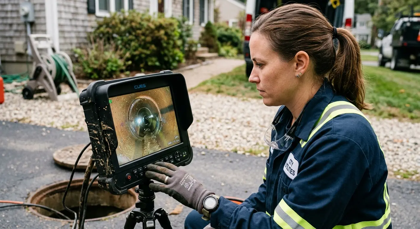 Technician reviewing sewer camera inspection footage in Boiling Springs