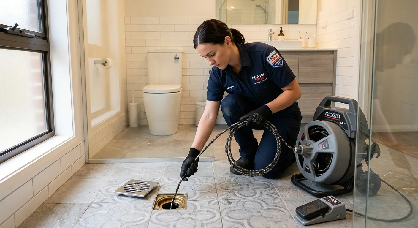 Technician clearing a bathroom floor drain for Drain Repair in Boiling Springs